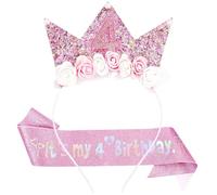 LunarCharm 4th Birthday Decorations for Girls, Headband and Glitter Sash for 4 Year Old Girls Birthday Decorations, Flower Princess Crown Headband
