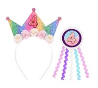 LunarCharm 4th Birthday Headband and Badge, 4th Birthday Decorations for Girls, Rainbow Birthday Headband for Girls, Princess Crown, Party decorations for Girls