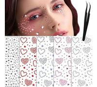 LunarCharm 5 Sheets Face Gems, Hair Gems, Self-Adhesive Face Jewel Stickers, Heart Festival Face Gems, Rhinestones for Face