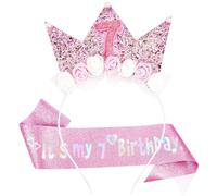 LunarCharm 7th birthday decorations for girls, hairband and glitter sash for 7-year-old girls as birthday decorations, flower princess crown hairband