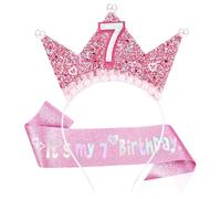 LunarCharm 7th Birthday Decorations Girl Sash and Tiara Sets, Birthday Sash and Tiara Headband for 7 Year Old Girls Women Birthday Decoration