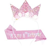 LunarCharm 8th Birthday Decorations for Girls, Headband and Glitter Sash for 8 Year Old Girls Birthday Decorations, Flower Princess Crown Headband