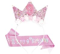 LunarCharm 9th Birthday Decorations for Girls, Headband and Glitter Sash for 9 Year Old Girls Birthday Decorations, Flower Princess Crown Headband