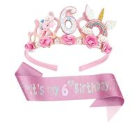 LunarCharm Headband for 6th Birthday, Floral Birthday Crown and Glitter Sash for Girls, 6th Birthday Decorations for Girls, Birthday Party Decorations