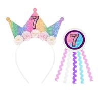 LunarCharm Stirnband und Abzeichen zum 7. Geburtstag, Dekoration zum 7. Geburtstag für Mädchen, Regenbogen-Geburtstagsstirnband für Mädchen, Prinzessinnenkrone