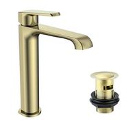 Lunaris Brushed Brass Tall Mono Basin Mixer Tap Deck Mounted with Slotted Basin Waste