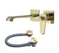 Lunaris Brushed Brass Wall Mounted Bath Filler Mixer Tap Wall Mounted with Bath Waste