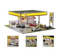 Lunaro 1:64 Scale Shell Gas Station Building Diorama with LED Lighting - Highly Detailed Model, Interactive Design, Perfect for Car Model Collectors and Display Enthusiasts