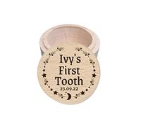 LunaTastic Gifts Personalised Wooden My First Tooth Box, New Baby Christening Baby Memory Gift, Engraved Trinket Keepsake Box - Moon Star Circle