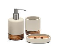 Lunavita Bathroom Accessories Set 3 Piece Bath Ensemble Includes Soap Dispenser, Tumbler, Dish for Decorative Countertop & Housewarming Gift (Concrete with Acacia Wood)
