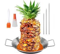 Lunayuomi® Stainless Steel Kebab Plate and Skewer, BBQ Vertical Skewer Grill with 3 Replacement Spikes, Brazilian Barbecue Grilling Rack Meat Spit with Drip Tray for Whole Chicken Fish Sausage Steak