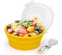 Lunbengo 1200ml Large Collapsible Lunch Bowl, Silicone Food Container with Foldable 2 in1 Fork and Spoon, Space Saving Camping Bowls Safe in Microwave and Freezer, Orange