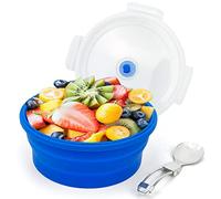 Lunbengo 1200ml Large Collapsible Lunch Bowl, Silicone Food Container with Foldable 2 in1 Fork and Spoon, Space Saving Camping Bowls Safe in Microwave and Freezer, Blue