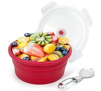 Lunbengo 1200ml Large Silicone Food Container with Lid, Collapsible Camping Bowl for Meal Prep, Picnic, Food Preservation, Silicone Bowl with Foldable 2 in1 Fork and Spoon, Red