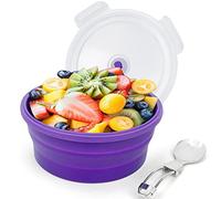 Lunbengo 1200ml Large Silicone Food Container with Lid, Collapsible Camping Bowl for Meal Prep, Picnic, Food Preservation, Silicone Bowl with Foldable 2 in1 Fork and Spoon, Purple