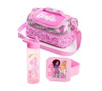 Barbie Girls Pink Lunch Bag with Bottle & Snack Pot | Stronger Together Zip-Up Carry Set | Adjustable Shoulder Strap | Back to School Cartoon Graphic Design Merch