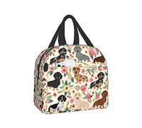 Lunch Bag Dachshund Sausage Dogs Pink Flowers Print Reusable Insulated Lunch Cooler Tote Box Container with Front Pocket for Woman Man Work School Picnic Beach Workout Travel