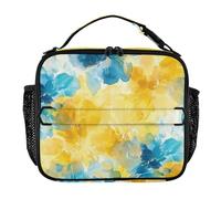 Lunch Bag for Kids Water Resistant Lunch Box Kids Shoulder Strap and Bottle Holder Insulated Cooler Bag for School College Abstract Watercolor Flower Lemon Yellow Light Blue