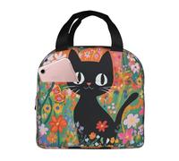 Lunch Bag for Women Adults Men, Black Cat In The Flowers Floral Garden Print Insulated Lunch Box Tote with Large Capacity, Reusable Cooler Tote Bag for Office Work Picnic Beach