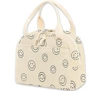 Lunch bag for women leak proof cute small corduroy lunch tote bag Reusable Insulated easy to carry, keep cool and fresh, large capacity for office, park, picnic and travel (Corduroy Beige Smile)