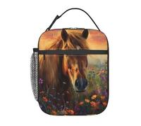 Lunch Bag Horse Nature Art Sunset Meadow Wildflowers Pattern Organizer Insulated Thermal Cooler Bag Leak-Proof Lunch Box for School Wife Beach