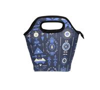 lunch bag kids with Curved handle cooler lunch box Reusable large cooler bag for Hiking Camping Tourism Illustration Aztec Indigo Vector
