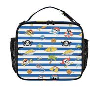 Lunch Bag Zip Pockets Adult Lunch Boxes for Women Shoulder Strap and Bottle Holder Insulated Lunch Container for School,Work,Outdoor Blue White Striped Pirate Skull