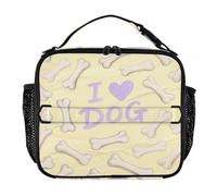 Lunch Bags for Kids Zip Pockets Lunch Box for Girl Shoulder Strap and Bottle Holder Cooler Box for Work OfficeI Love Dog Bone Yellow