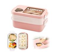 Lunch Box 2 Layers - Umami Lunch Box with Sauce Jars and Utensils - Microwave Safe Heated Bento Box - Airtight Lunch Box Ideal for Office School and Travel (Pink)