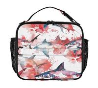 Lunch Box Bag Waterproof Lunch Box for Girl Adjustable Shoulder Strap Lunch Cooler Tote for School and Travel Watercolor Ocean Animal Shark Pearl Red and White