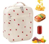 Lunch Box Bag with Strawberry Pattern Corduroy Fabric Cute Insulated Lunch Bag with Double Zipper Portable for Work Office School Picnic Travel