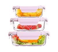 Lunch Box for Kids Adults Work School Glass Food Storage Container with Lids Set of 6 Pieces 3 Containers + 3 Lids Leak Proof Meal Prep Container Bpa Free Microwave & Freezer Safe/Pink