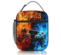 Lunch Box Kids, Boys Insulated Lunch Box with Soft Handle & Mesh Pockets, Gamer Themed Lunchbag for Children, Video Game, Waterproof Leakproof, Reusable Lunch Bag for School Office Picnic Hiking