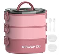 Lunch Box, Stackable 3 Layers Containers, Portable 98OZ Large Capacity Leakproof Bento Box with Spoon & Fork & Sauce Boxes, Microwave Safe Lunch Box for Kids and Adults Pink
