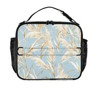 Lunch Cooler Tote Leakproof Lunch Box Kids Removable Shoulder Strap Reusable Tote Bag for School and Travel Golden Pampas Grass Light Blue Watercolor Style