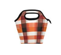 lunch tote bag for women with Curved handle insulated lunch box Waterproof soft sided cooler bag for Hiking College Buffalo Plaid Check Red Orange