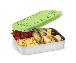 Lunchbots Bento Trio Large Stainless Steel Food Container - Three Section Design Holds Sandwich and Two Sides - Bento Lunch Box for Kids or Adults - Dishwasher Safe and BPA-Free - Green Dots