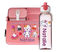 Lunchbox Set Personalized with Name for Girls to School. Includes Insulated Meal Box and Drinking Bottle BPA-Free Food for on-The-go with Fork and Bento Compartment Design Kitties [153]
