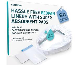 Lunderg Bedpan Liners with Super Absorbent Pads - Value Pack 60 Count - Medical Grade & Universal Fit - Bed Pans for Females, Elderly Men and Women - Make Life so Much Easier