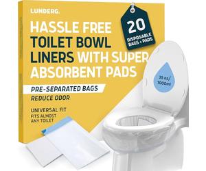 Lunderg Toilet Liners with Lemon Scented Super Absorbent Pads - Value Pack 20 Count Universal Fit - Disposable Toilet Bags - Convert any Home, Boat or Camping WC into a Dry Flush - Emergency must have