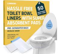 Lunderg Toilet Liners with Lemon Scented Super Absorbent Pads - Value Pack 50 Count Universal Fit - Disposable Toilet Bags - Convert any Home, Boat or Camping WC into a Dry Flush - Emergency must have