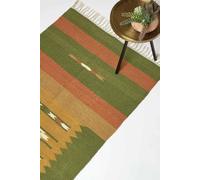 Lundi Orange & Green Kilim Runner Cotton & Jute Rug 80 x 180 cm Homescapes Green 80cm x 180cm