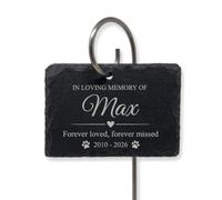 Lunea Custom Personalised Pet Memorial Stake, Engraved Slate Grave Marker | Dog or cat remembrance gift on a curled metal hook with name, dates and message, for gardens, flowerbeds and burial spots