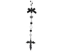 LuneClat Gothic Halloween Car Rearview Mirror Chain - Black Cross Pendant & Bowknot Beaded Hanging Charm, Y2K Dark Fantasy Car Interior Decor Ornament, Gift for Women Men Drivers
