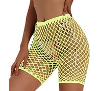 Lunedear Womens Sexy Fishnet Mesh Biker Short Black High Waist Swimsuits Bikini Bottom Cover up Shorts, Yellow, One Size
