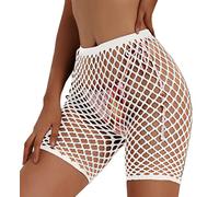 Lunedear Womens Sexy Fishnet Mesh Biker Short Black High Waist Swimsuits Bikini Bottom Cover up Shorts, White, One Size