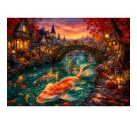 Luneko Jigsaw Puzzles for Adults 1000 Pieces Impossible Puzzle 28 x 20 inch | Difficult Hard Challenge Puzzles Autumn Koi Dream Village by the River Sunset Scene Landscape Puzzles 1000 Pc Puzzles