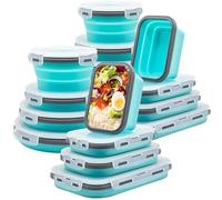 Lunememo Pack of 16 Foldable Food Storage Boxes with Lid, Collapsible Lunch Box, Foldable Silicone Bowl for Snacks, Meals, Leftovers, On the Go and Home, Blue