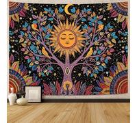 Lunerfex Tree of Life Wall Tapestry - Celestial Sun with Face & Birds Wall Hanging for Bedroom and Living Room - Boho Spiritual Decor Tapestries 60"x44"