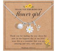 Lunestral 14K Initial Daisy Pearl Flower Girl Necklace, 26 Letters A-Z Personalised Wedding Thank You Keepsake Gift for Girls (Y - Silver)